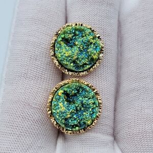 Green Druzy Stud Earrings Goldtone Setting #2450